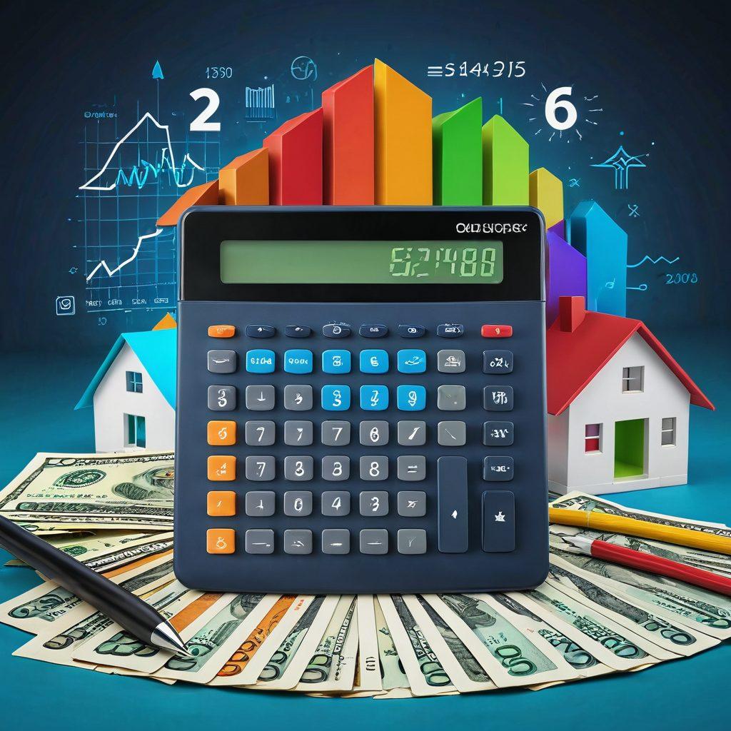 A visually engaging composition featuring a modern calculator, a home silhouette, and fluctuating mortgage rate graphs in the background, symbolizing financial tools and home loan calculations. Include elements like currency symbols and a calendar. The overall tone should convey professionalism and clarity, emphasizing mastery in finance. super-realistic. vibrant colors. 3D.