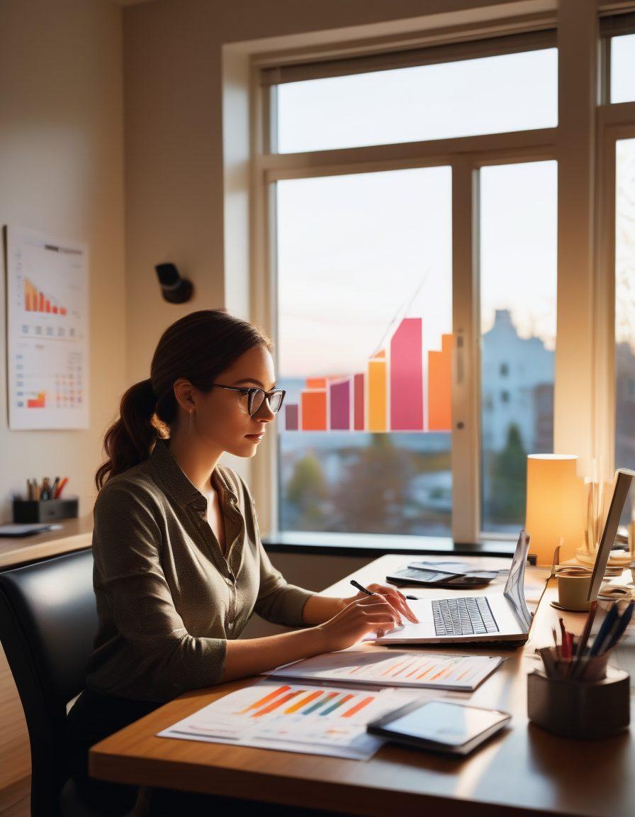 A confident individual analyzing financial documents on a sleek desk, surrounded by calculator, mortgage paperwork, and a laptop displaying graphs and charts. A warm light illuminates the scene, symbolizing empowerment and clarity in finance. A house silhouette can be seen subtly in the background, representing home ownership. super-realistic. vibrant colors. cozy atmosphere.